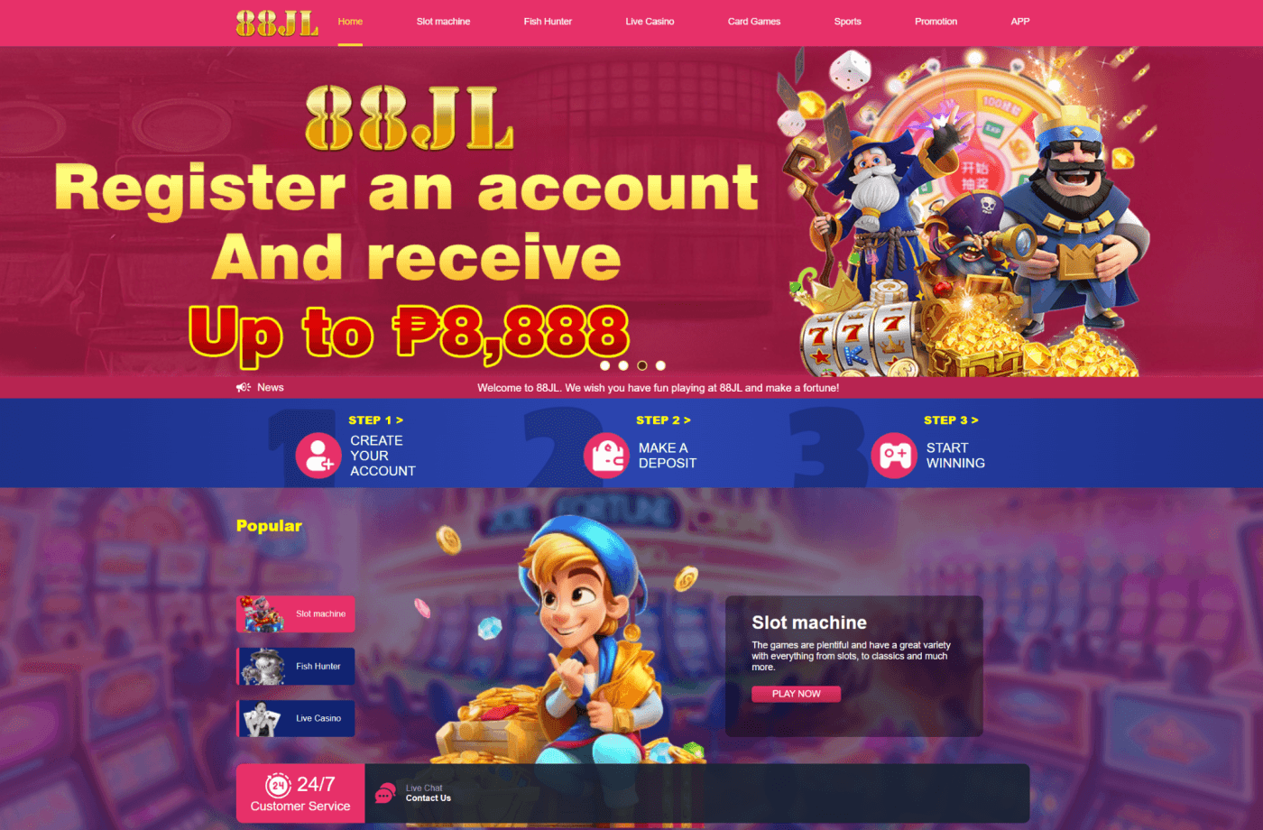 88JL official homepage with promotions and slot game categories