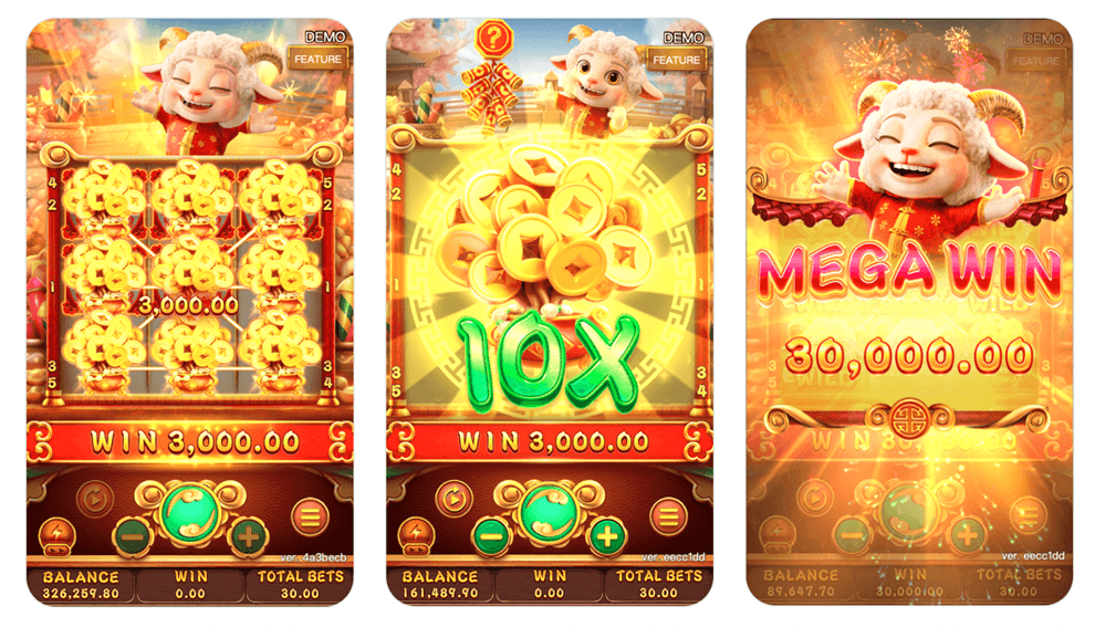 Fortune Sheep PG Soft slot screenshot featuring a cute sheep mascot, bright Asian fortune symbols, and a mobile-optimized interface for casual play