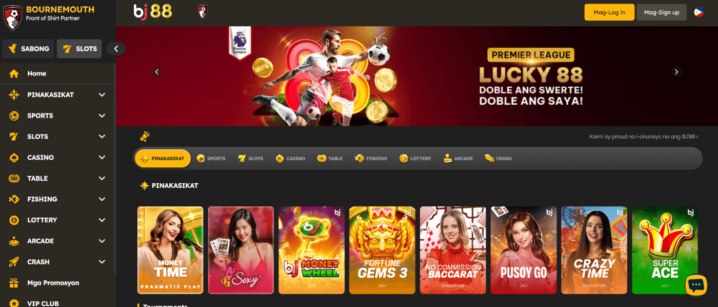 BJ88 homepage screenshot showing sports betting odds, slots, casino, crash games, and featured promotions