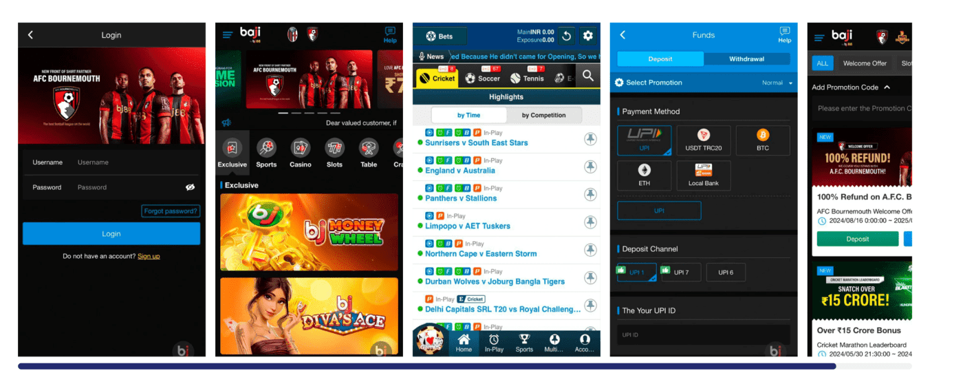 BJ88 mobile experience screenshots: sports betting interface, game lobby, deposit methods, and promotions