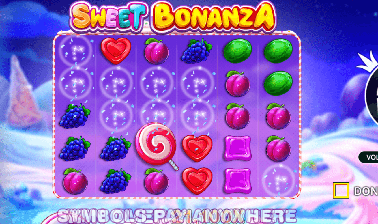 Sweet Bonanza candy themed slot screenshot showing colorful candy symbols, bright cartoon visuals, and a cluster pays grid with cascade wins