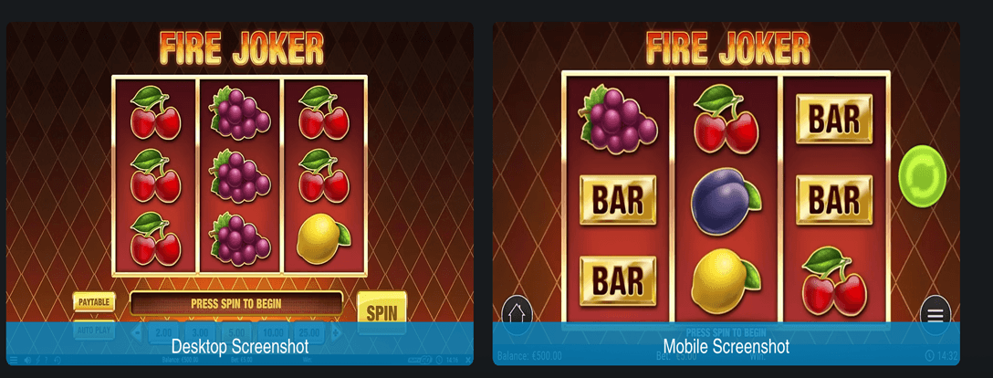 Fire Joker slot screenshot showing classic fruit-machine style with fire-themed visuals and minimalist reel layout