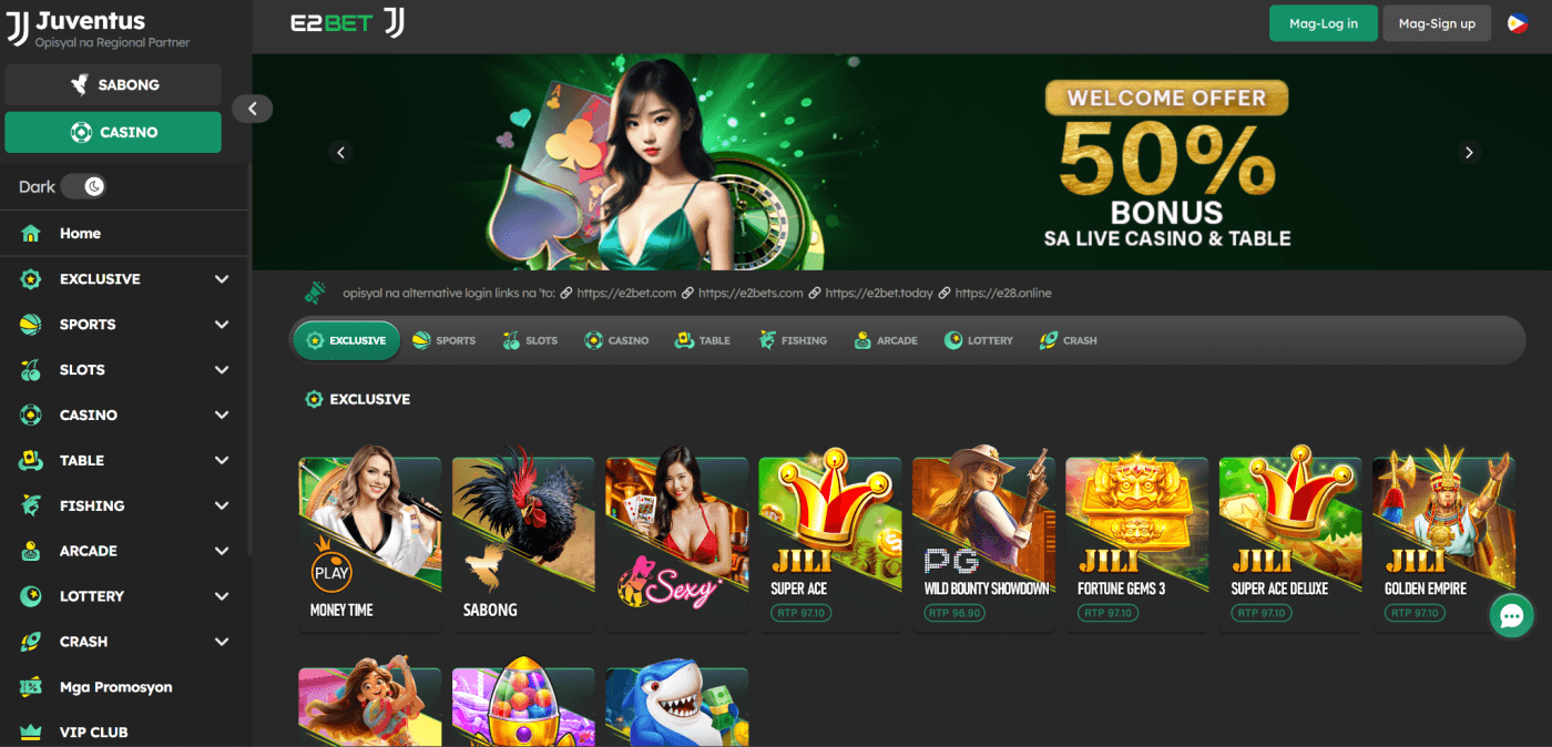 E2Bet Review Philippines casino lobby featuring slots and fishing games