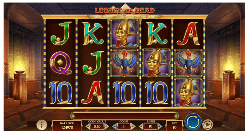 Legacy of Dead Egyptian slot screenshot featuring ancient Egyptian symbols, tomb-adventure visuals, and a modern polished reel layout