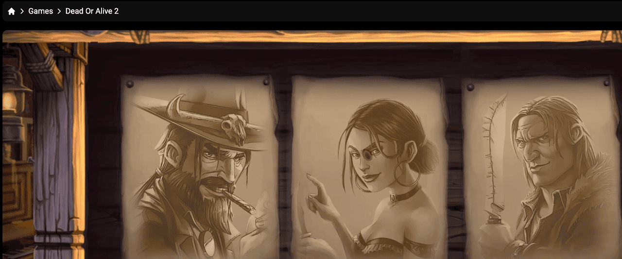 High Quality 3D Slots screenshot showing Dead or Alive 2 with cinematic Western visuals and dramatic lighting