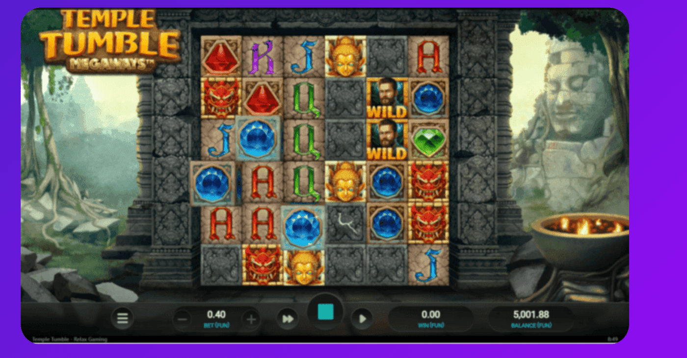 Temple Tumble Megaways slot screenshot with temple exploration theme, expanding reels, and cascading win mechanics