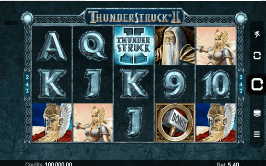 Thunderstruck II mythology slot screenshot featuring Norse gods, stormy cinematic visuals, and a premium slot interface with multiple bonus features