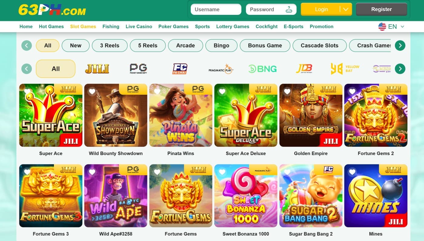 Online slots guide Philippines: 63PH online casino interface in the Philippines showing slot categories, providers, and mobile-friendly games