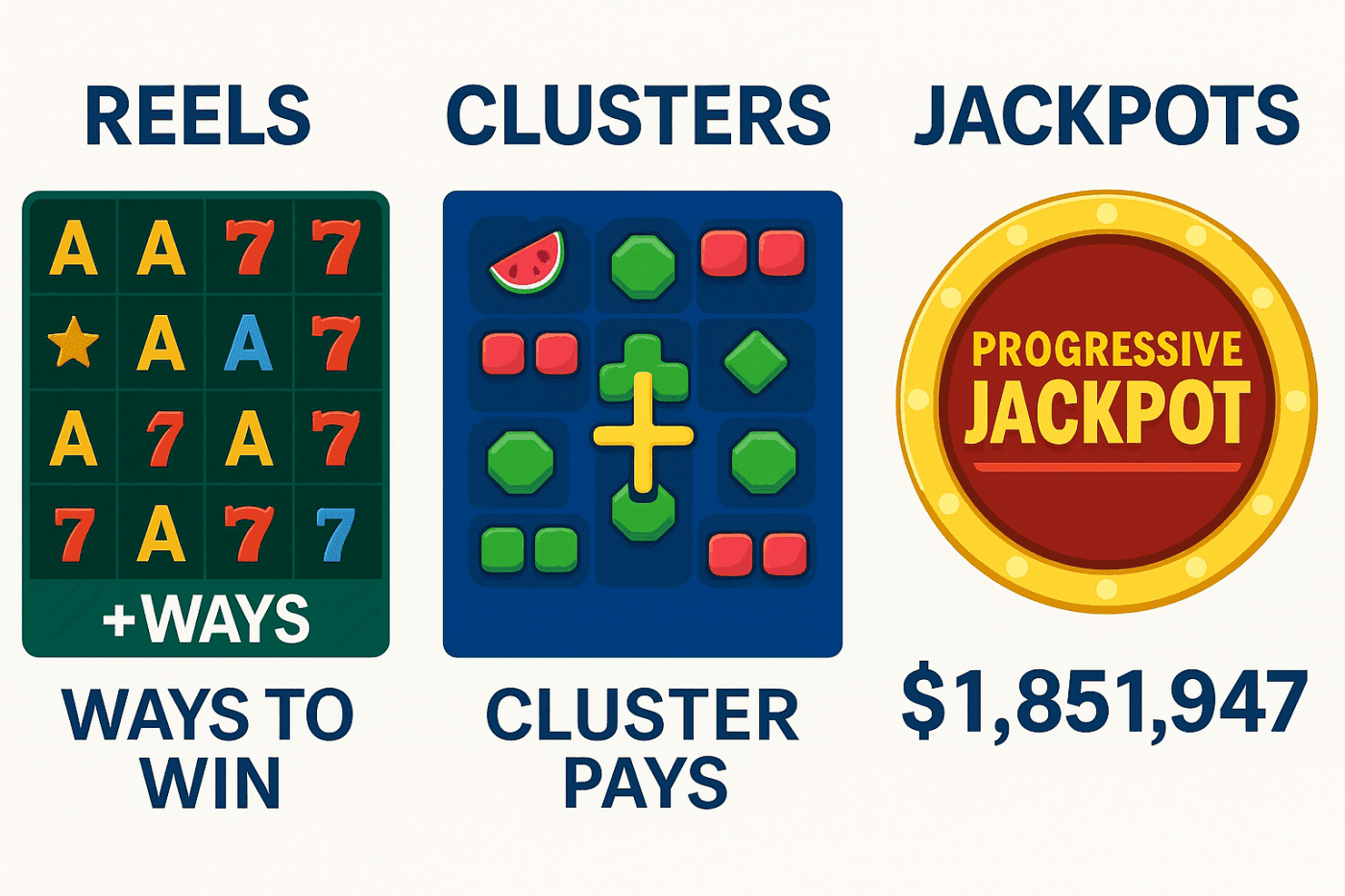 slots by gameplay visual guide explaining slot mechanics including ways to win, cluster pays, and progressive jackpot