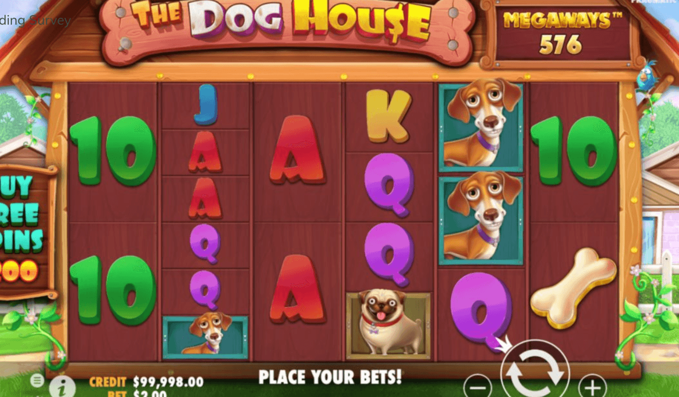 The Dog House Megaways slot screenshot with colorful cartoon graphics, playful characters, and bright symbols