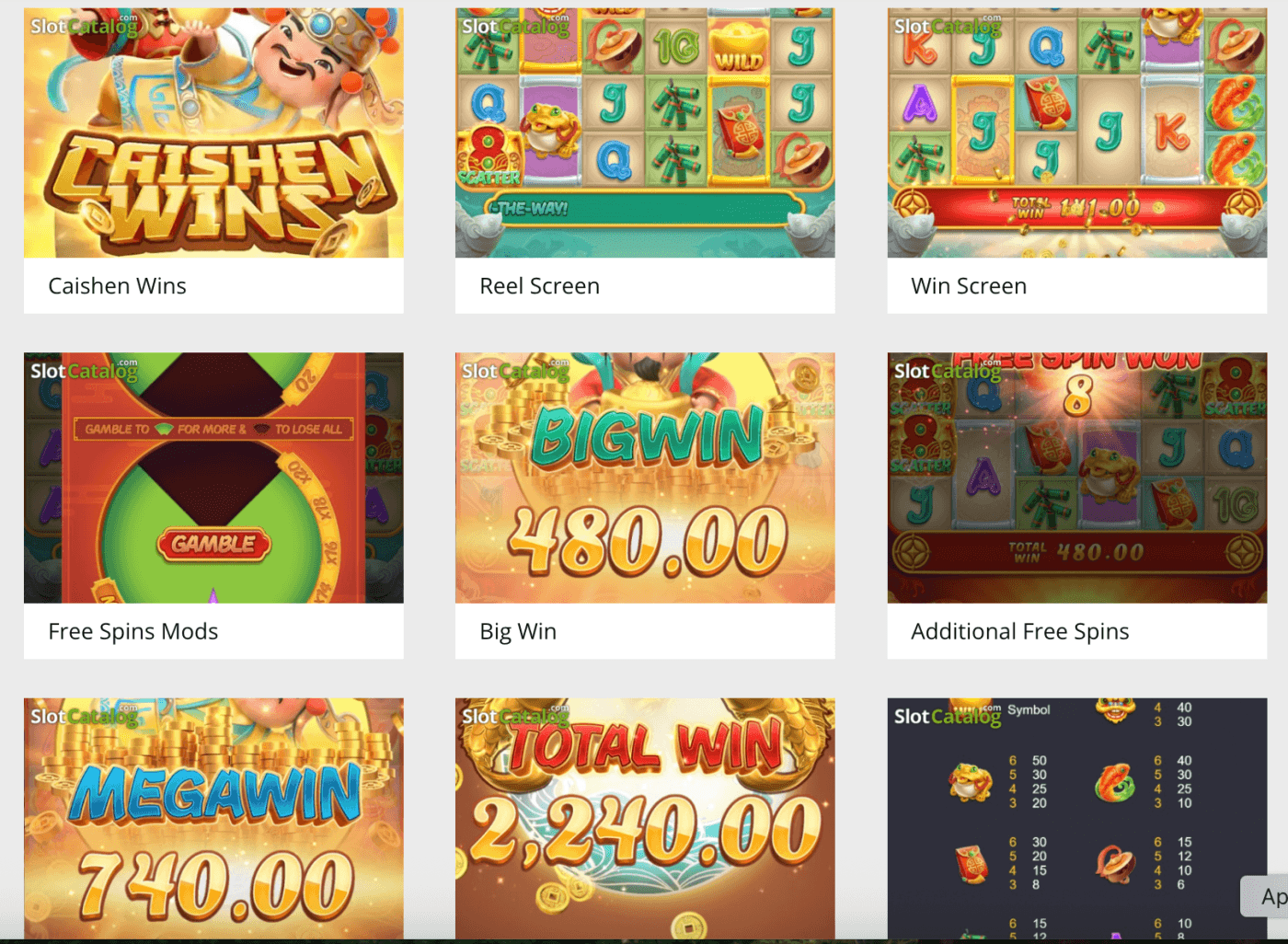 Caishen Wins slot screenshots featuring Asian-inspired symbols, festive visuals, and prosperity-themed design