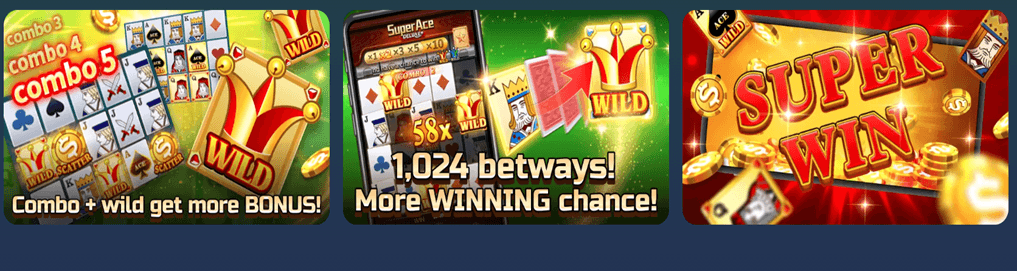 Cartoon slots Super Ace Deluxe with card symbols, clean layout, and modern slot mechanics