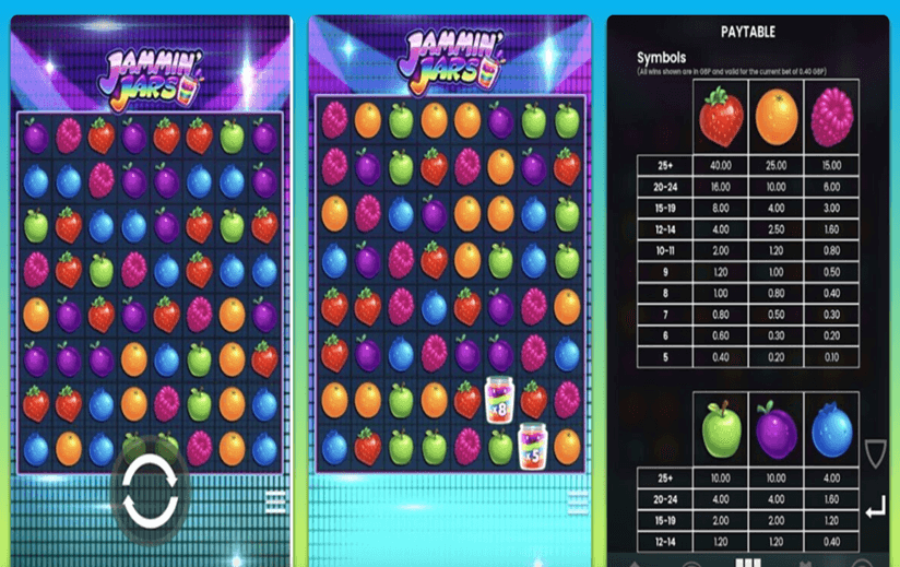 Cartoon slots Jammin' Jars with vibrant candy colors, music jars theme, and animated symbols