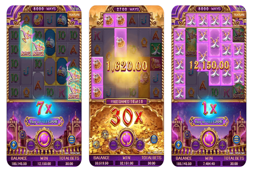 Golden Genie slot screenshot featuring Middle-Eastern fantasy visuals, stylized symbols, and colorful magical atmosphere
